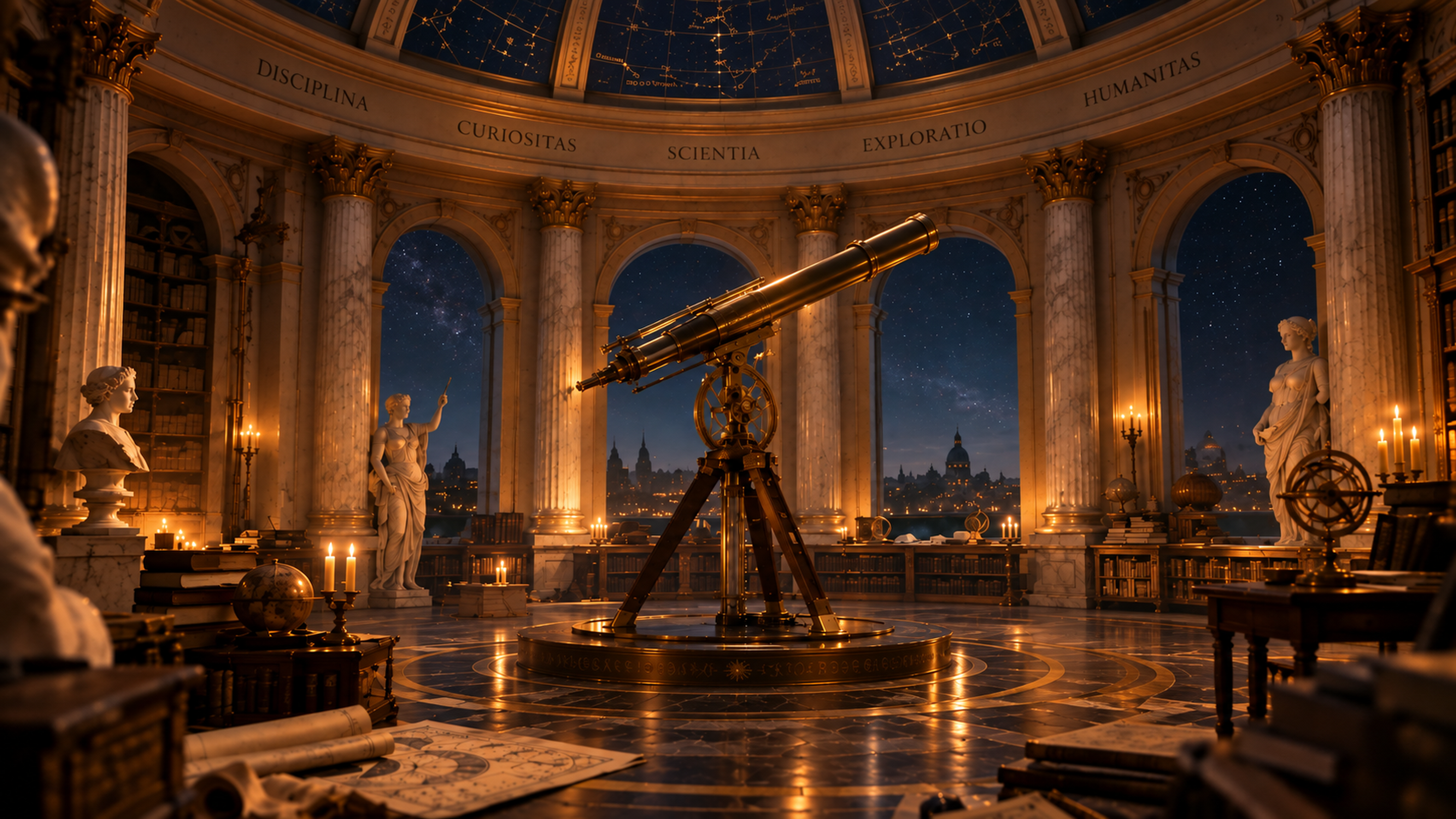 A candlelit neoclassical observatory with a large brass telescope at its centre